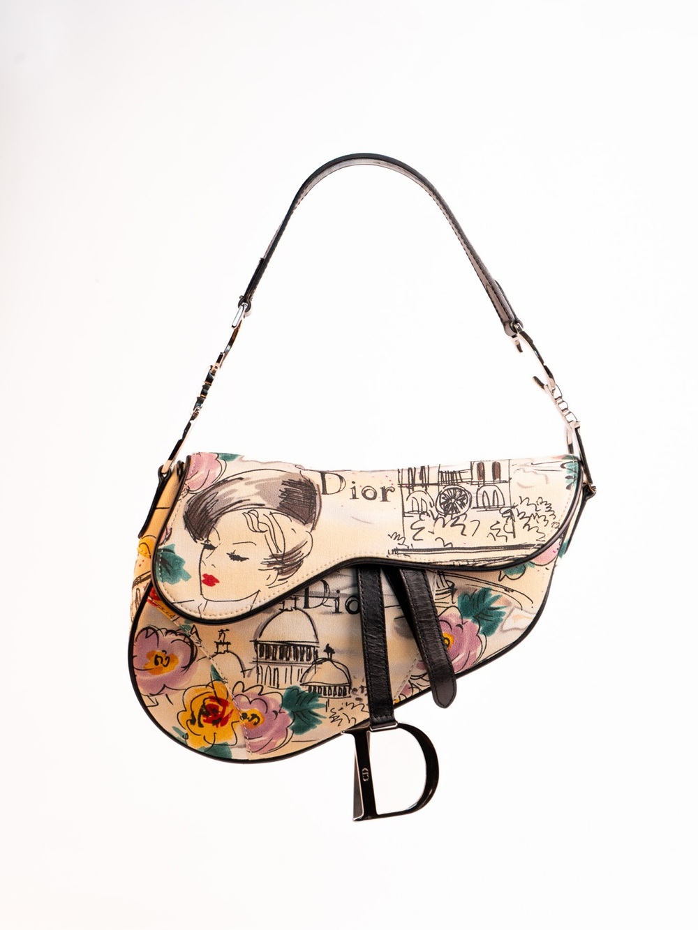 Dior Beige Floral Sketch Saddle Shoulder Bag with Black Trim